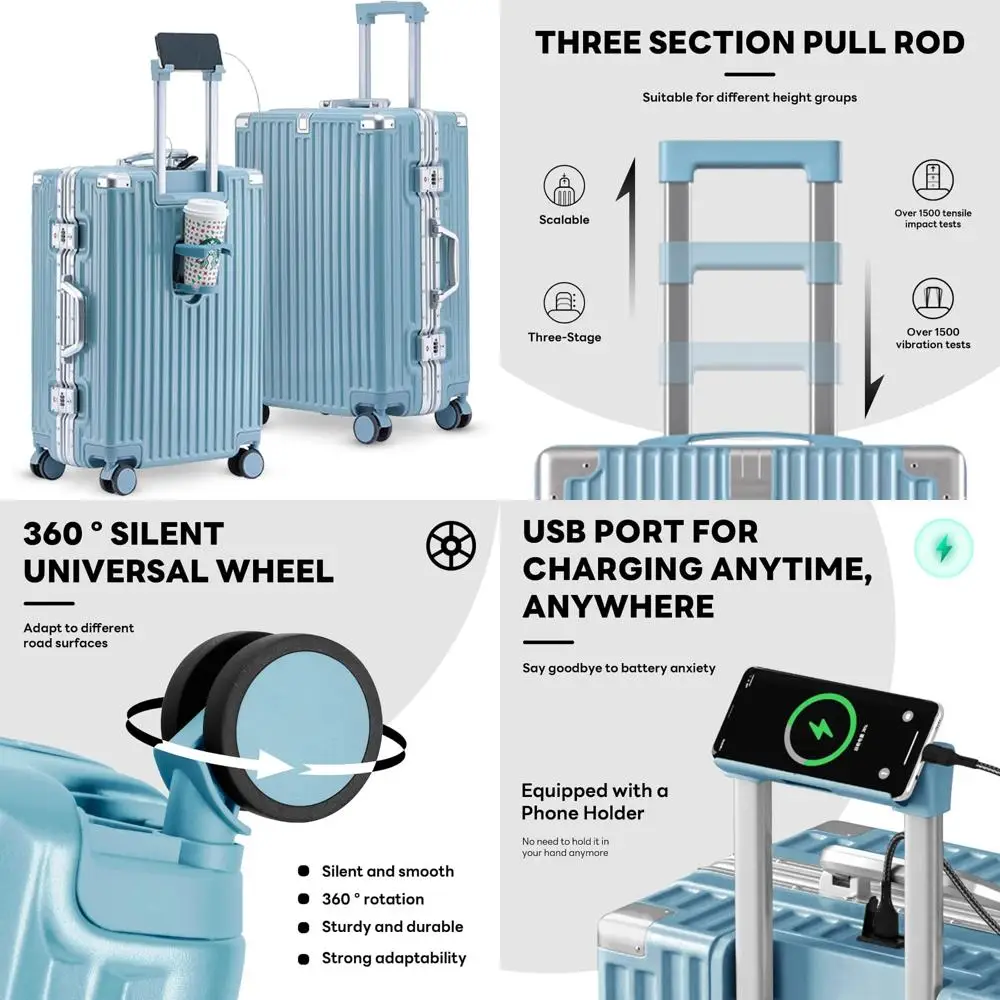 

"two-piece luggage set 20/24 inches - aluminum frame with cup holder, charging port, tsa lock, hardshell, and zipperless design