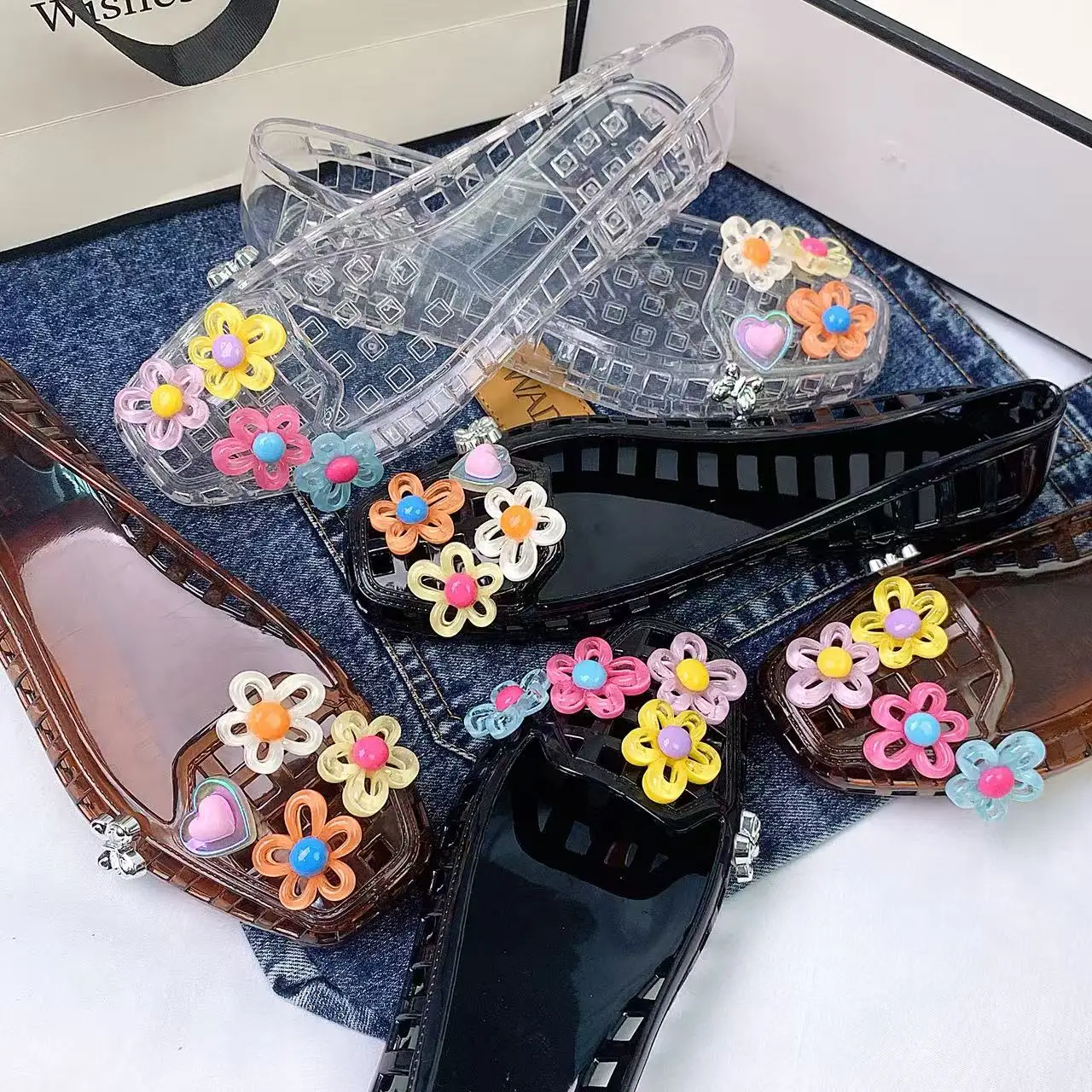 Fashionable Women's Shoes Jelly Crystal Shoes Women's Shoes Rainbow Flower Set Accessories Crystal Shoes Sandals Jelly Shoes Slip-On Slippers view 2