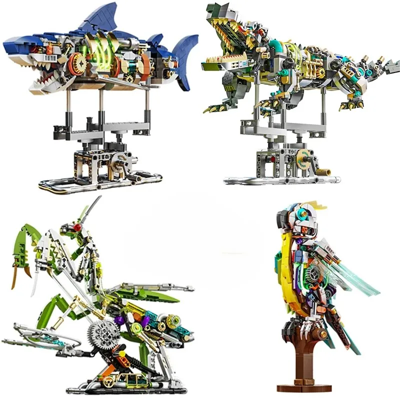 Technical Mechanical Shark Parrot Mantis Insect Sea Animal Life Set Light Building Blocks Bricks Model Assembly Toy For Kid Gift