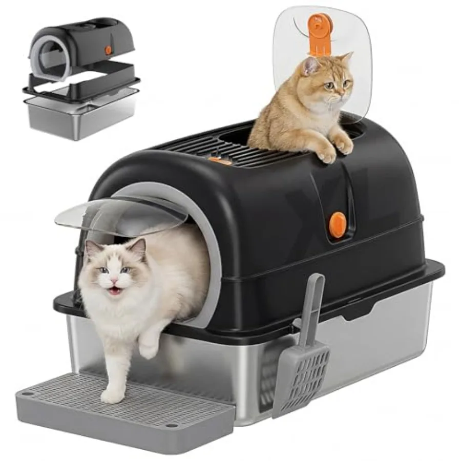 

Staless Steel Litter Bo with Lid, Etra Large Enclosed Cat Litter Pan for Big Cats, High Sided Cat Bo with Scoop and Mat, Front