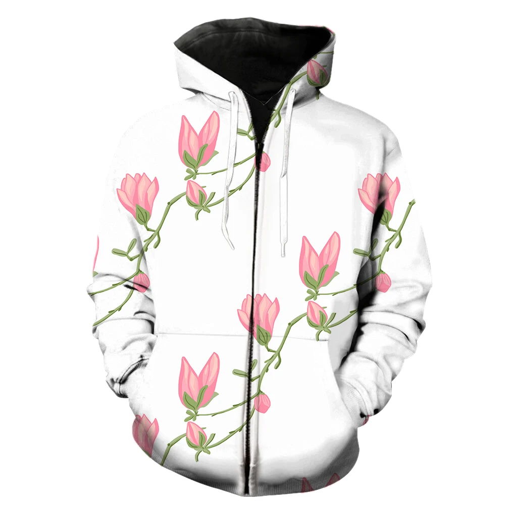 Flowers Magnolia Men's Zipper Hoodie Tops With Hood Jackets 2022 Hot Sale Casual 3D Printed Oversized Funny Harajuku Sweatshirts