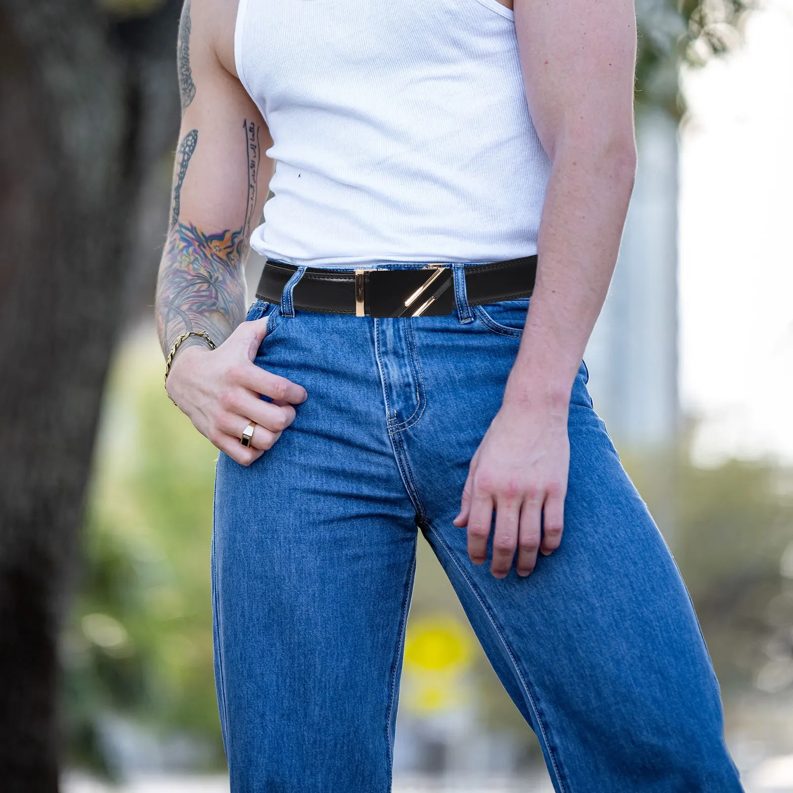 

Automatic Buckle Imitation Automatic Buckle Belt Adjustable Length Casual Jeans Belt Men Pants Accessory