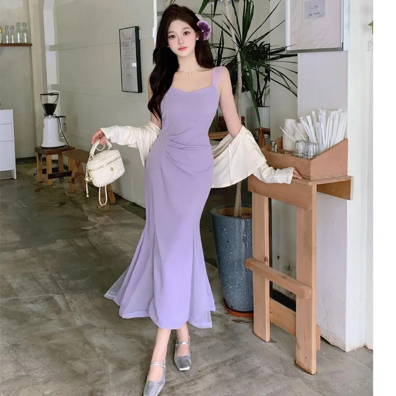 Elegant Women 2PCS Dress Set Summer Sweet Purple Fishtail Strap Long Dress + Cardigan Vestidos Women Clothing Matching Set 2024