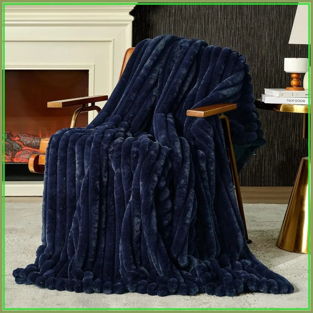 

Faux Fur Throw Blanket for Couch, Soft Fluffy Plush Striped 55x70 Navy