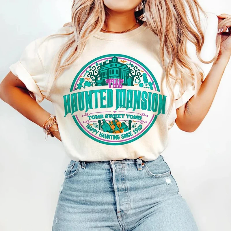 

Retro The Haunted Mansion Map Tomb Fashion Girls T-Shirts Harajuku Clothing Short Sleeve Summer Tees Casual Female O-Neck Tops