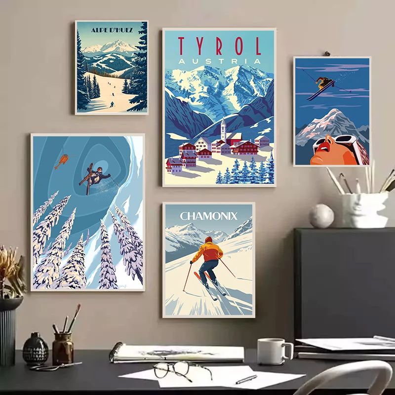 Retro Ski Travel Poster Winter Snow Mountain Scenery Wall Art Print Skiing Sport Canvas Painting Art Home Decor Wall Picture