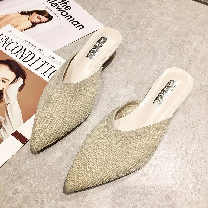 2025 الصيف النساء أصفر أسود محبوك الشرائح البغال جديد أنيق شبكة تنفس ميد كعب النعال مغلقة تو الشرائح أحذية الحفلات #5