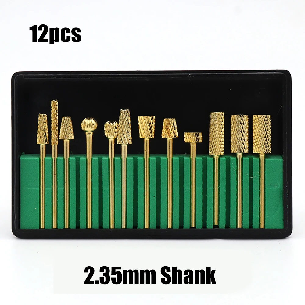 

12PCS Professional Nail Drill Bits Set Electric Nail File Carbide Bit Silver Gold Nail Art Tools 2.35mm with Storage Case Holder