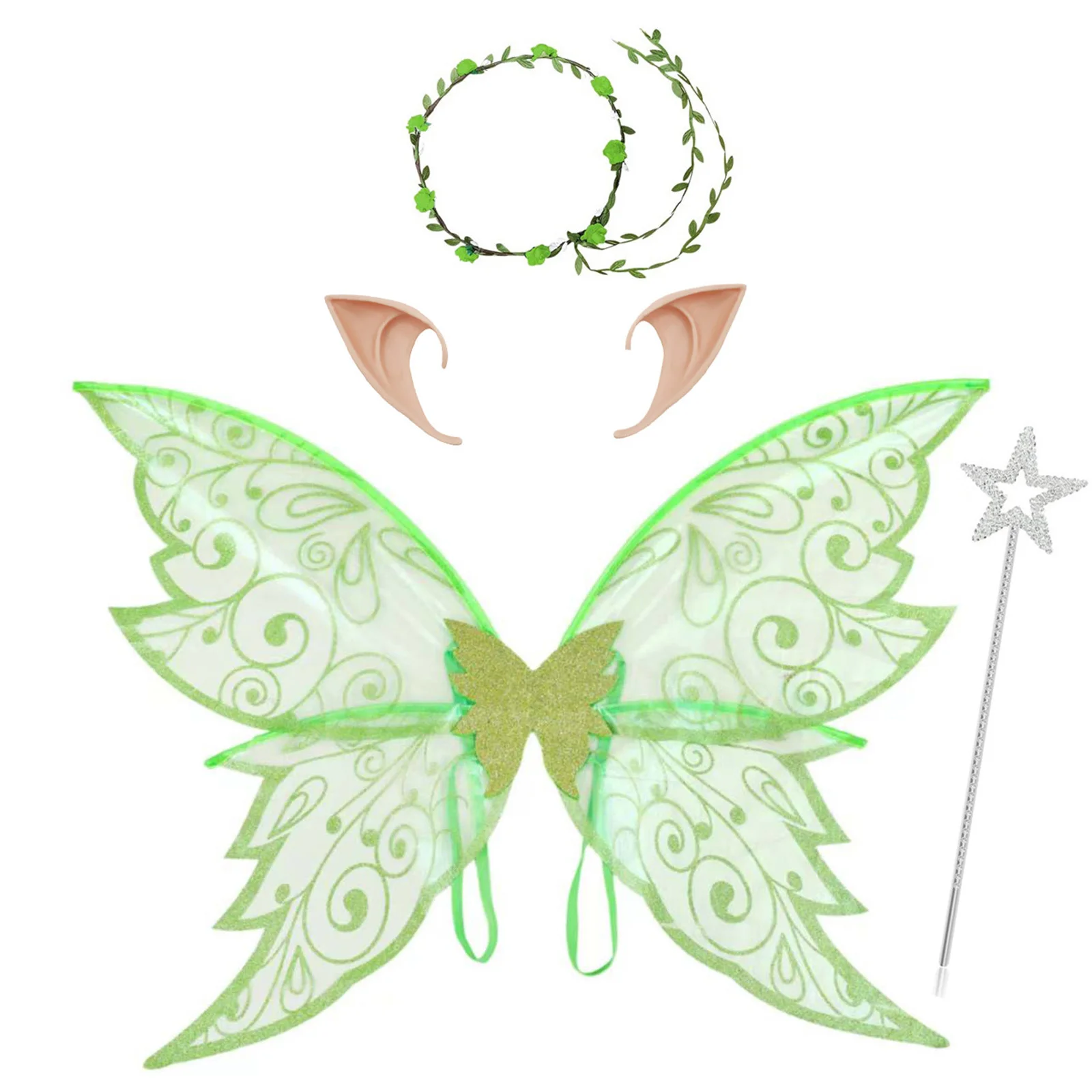 Women Adults Fairy Wings Girls Glitter Butterfly Fairy Wings+Fairy Ears+Garland+Wand for Halloween Cosplay Costume Accessories