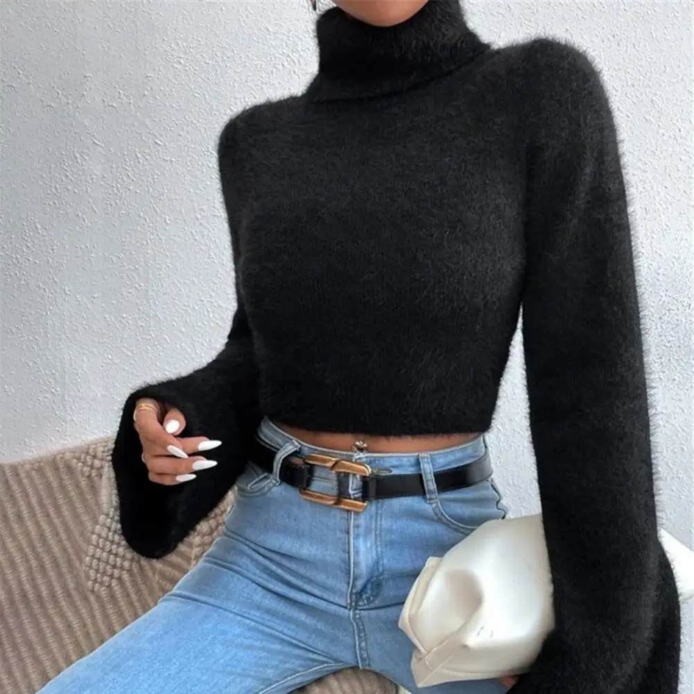 Women Cropped Sweater Women Casual Knitwear Stylish Women's High Collar Cropped Sweater with Flared Long Sleeves for Exposed