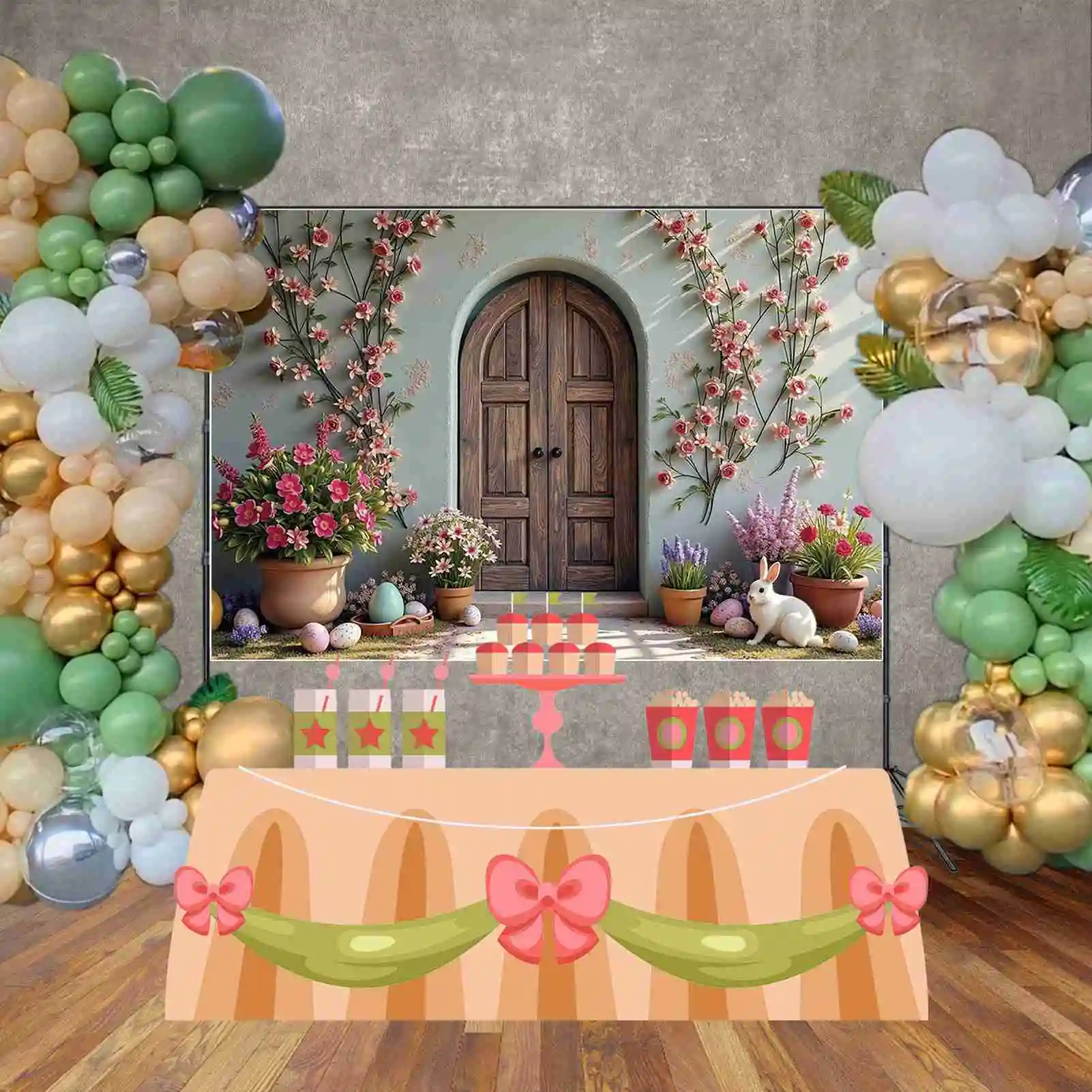 MOON.QG 2025 Easter Bunny Rabbit Eggs Backdrop Spring Garden House Tulip Background Green Forest Rainbow Photography Decorations