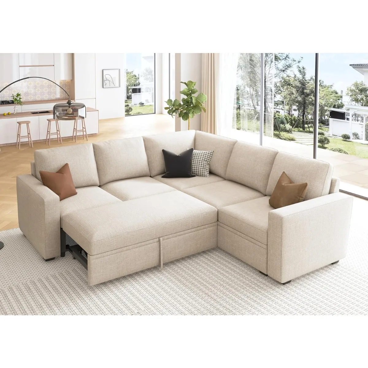 Modular Sectional Sleeper Sofa with Pull Out Bed, L Shaped Sectional Couch with Storage Seat, Convertible Sectional Couches