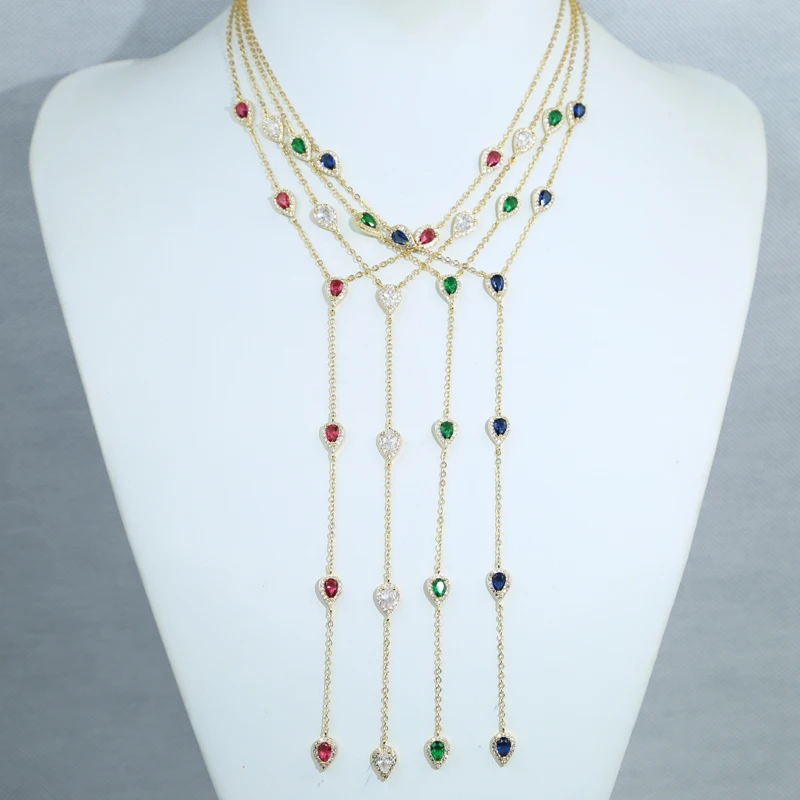2023 New Sexy Women Y Lariat Necklace Gold Plated Green Blue Red White Tear Drop CZ Geometric Colorful Jewelry