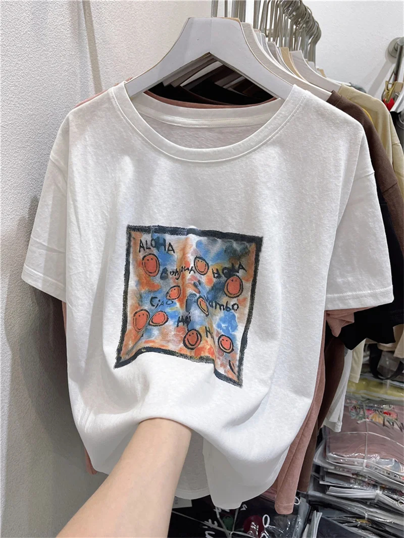 

American Retro Snowflake Cotton Short Sleeve T-Shirt Women Summer Loose Slimming Design Top Comfortable Breathable Casual Wear