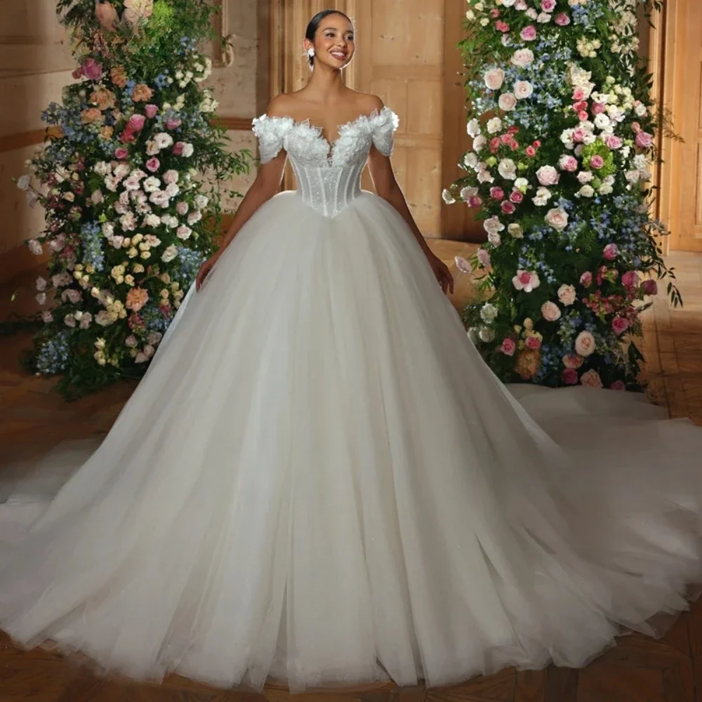 Customized Sweetheart 3D Flowers Beaded Wedding Dress Sexy Off Shoulder Lace Appliques Bridal Gown Sparkling Bride Dress