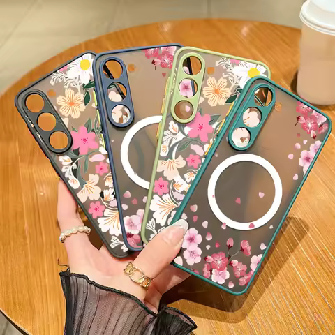 Flower Patterned Case For Samsung Galaxy S25 Ultra S24 S23 FE S22 S21 A16 A15 A56 A55 A54 A53 Magnetic Hard Acrylic Phone Cover