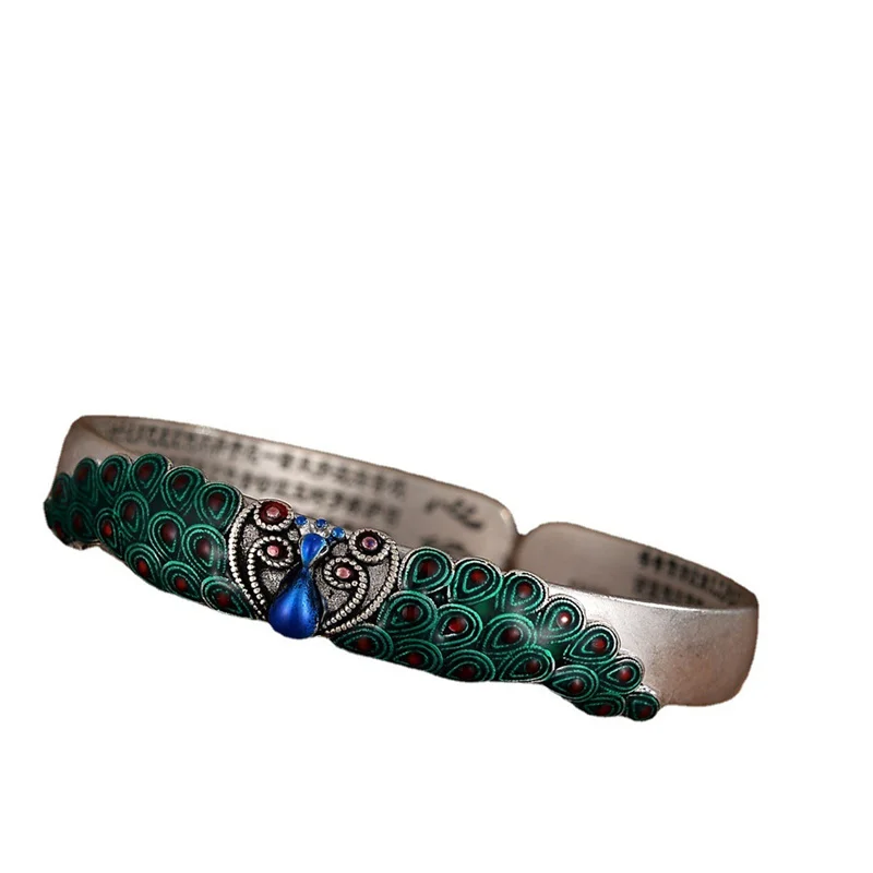 Luxury Enamel Colored Peacock Bracelet For Lady Hand Accessories Vintage Prajnaparamita Heart Sutra Bracelet Women Jewelry Open