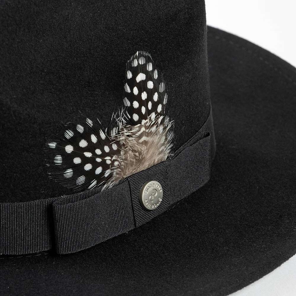 Cappello Fedora in feltro di lana 100% con fascia in nastro e piume