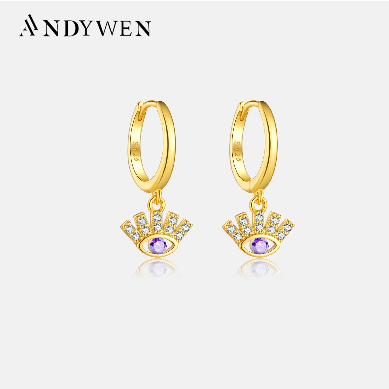 ANDYWEN 925 Sterling Silver Purple Zircon Eye Pendant Piercing Circle Drop Earring For Rock Puck Jewelry Fashion Jewels