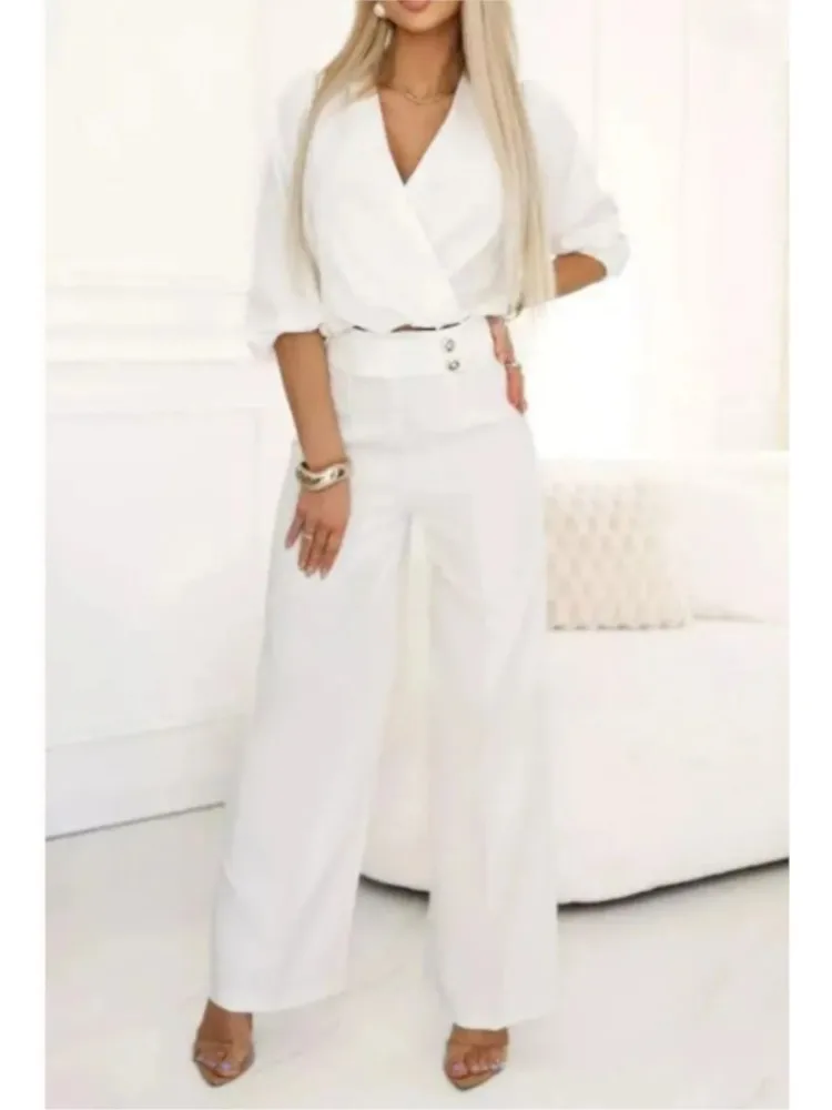 

New Simple Solid Color V-neck Two-button Trousers Two-piece Set Summer Women's Comfortable Casual Top Wide-leg Trousers Set