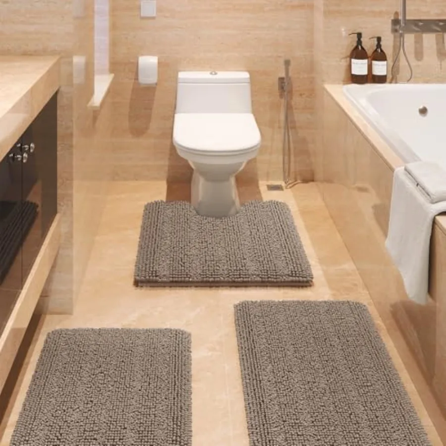 

Striped Ultra Soft Bathroom Rugs and Mats Set 3 Pieces Bath Mat Set Thick Chenille Bath Rugs Non Slip Bath Mats for Bathroom Ki