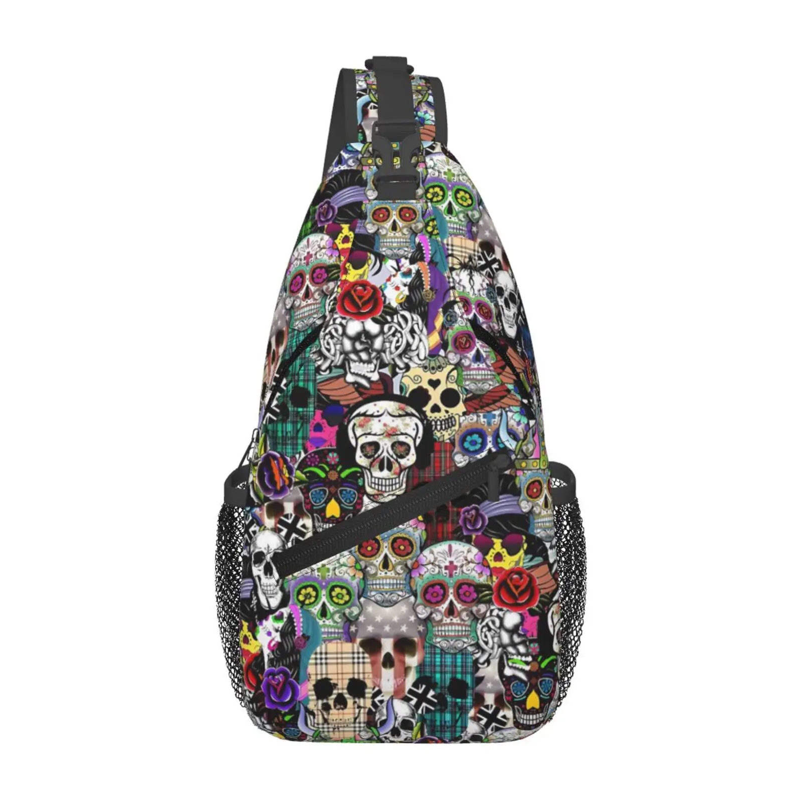 Mexican Sugar Skull Chest Sling Backpack Fashion Crossbody Shoulder Bag Lightweight Travel Sport Chest Pack Unisex Gift