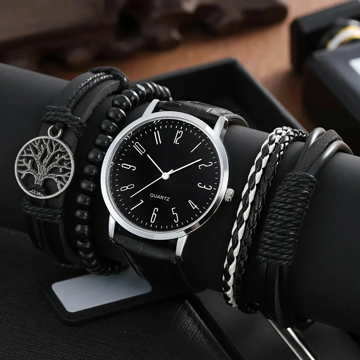 1/5pcs/set, Black Casual Business Men\'s Quartz Watch/1pc Watch & Wave Life Tree Bracelet Set