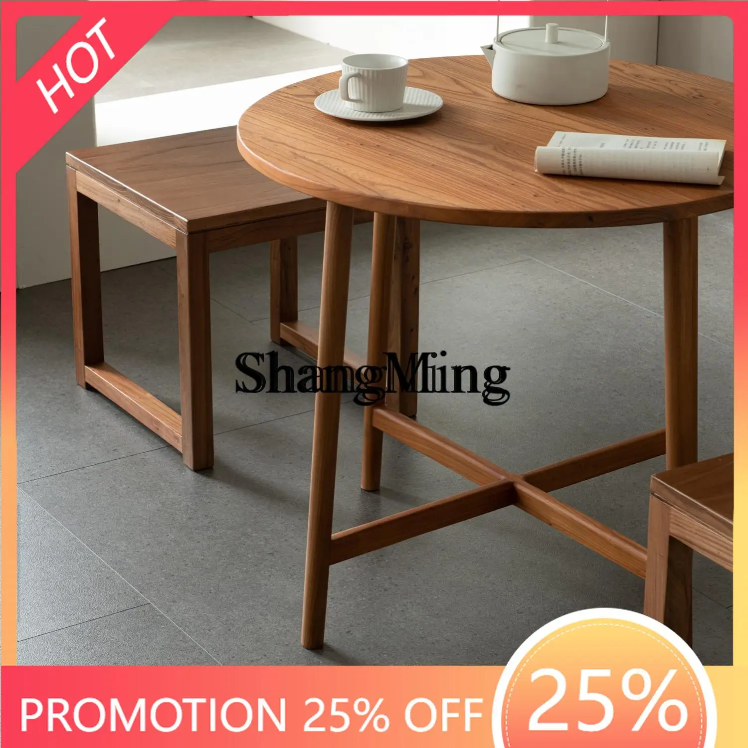 FG good-looking solid wood round coffee table and chair combination household small apartment living room coffee table
