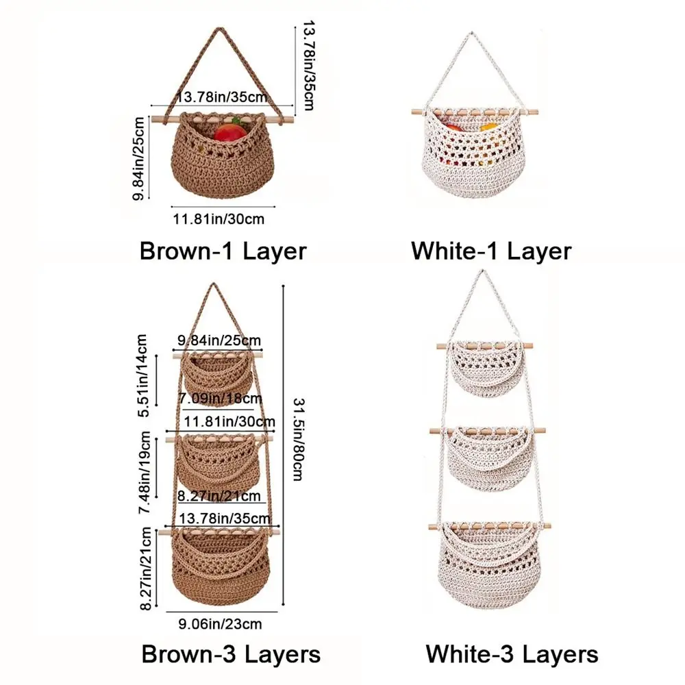 Durable Cotton Rope Hanging Fruit Baskets Simple Handmade 3 Tier Storage Bag Stylish Sundry Storage Hanging Bag Closet