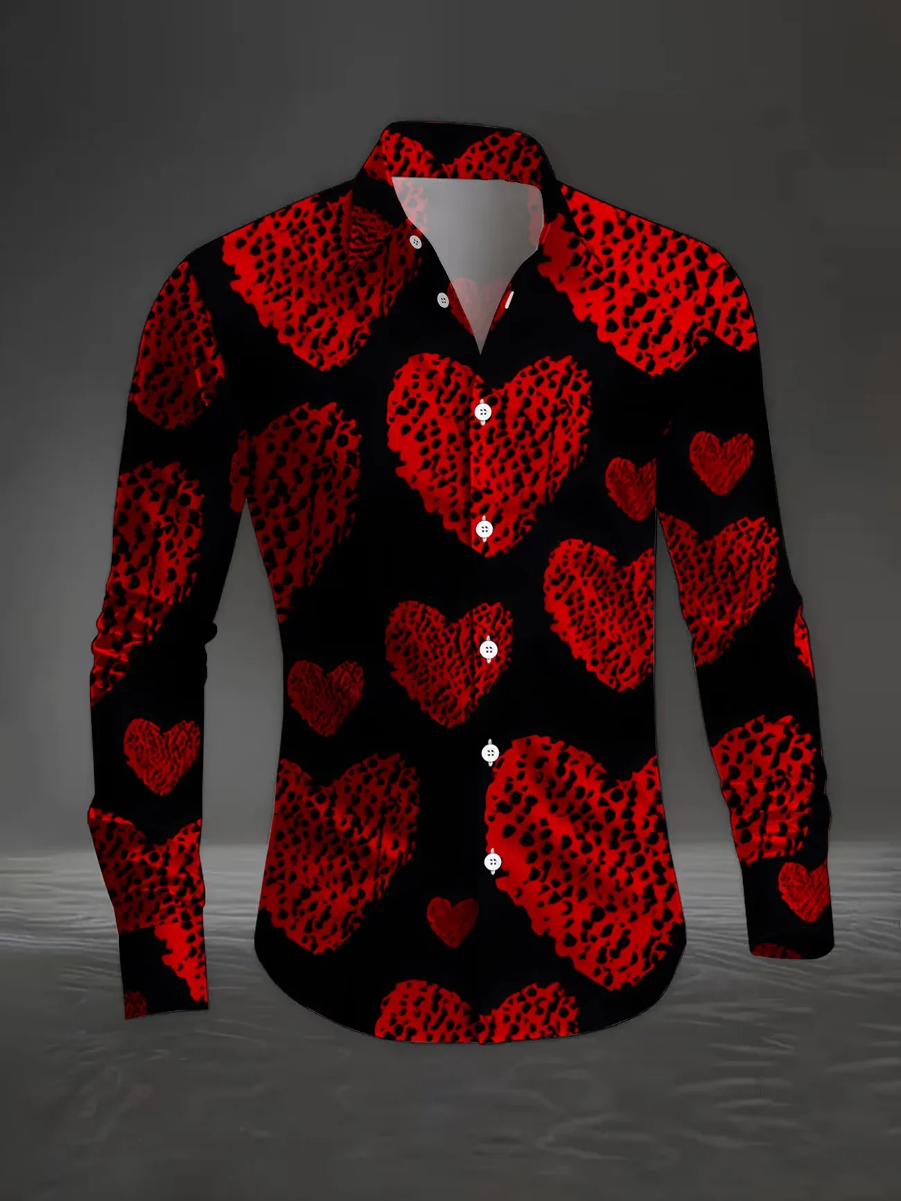 New Black and Red Heart-Shaped Leopard Print Men's Long-Sleeved Shirt for Valentine's Day Casual Shirt