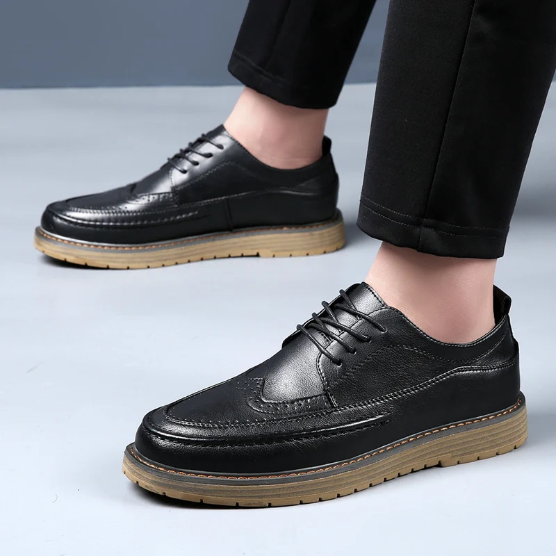 Men Black Wedding Leather Business Men Dress Round Toe Casual Youth British Style Inner Heightening Spring 2023New Arrivals Shoe