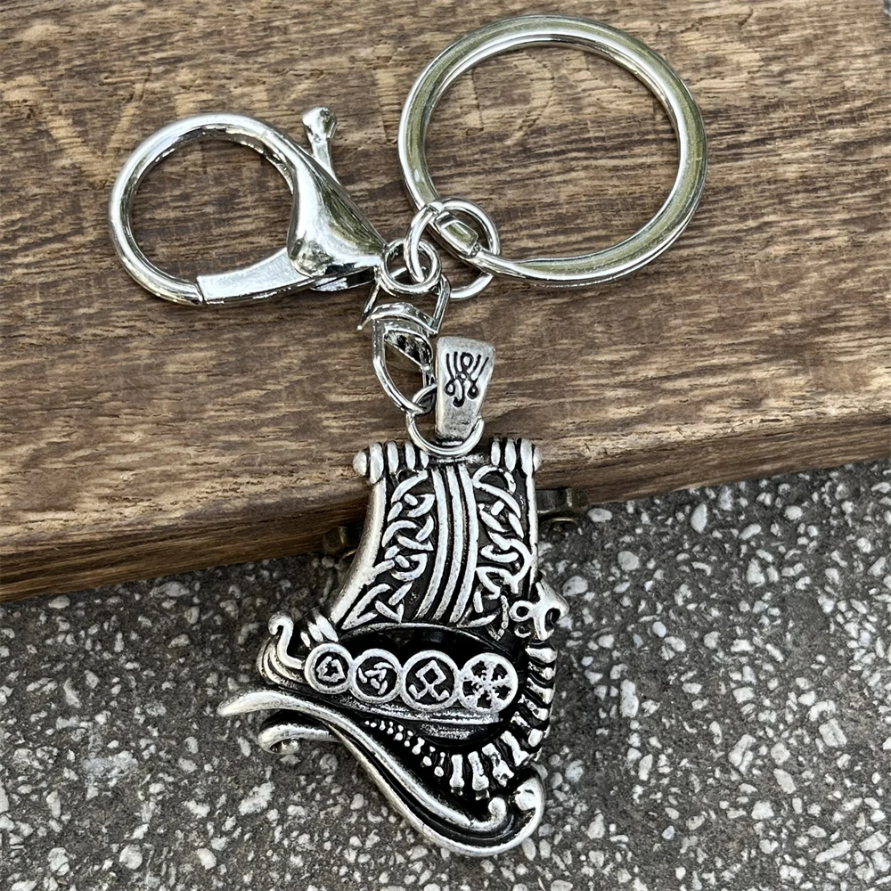 Nostalgia Viking Drakkar Ship Keychain Norse Boat With Valknut Helm Of Awe Odin Horn Symbols Amulet Keyring