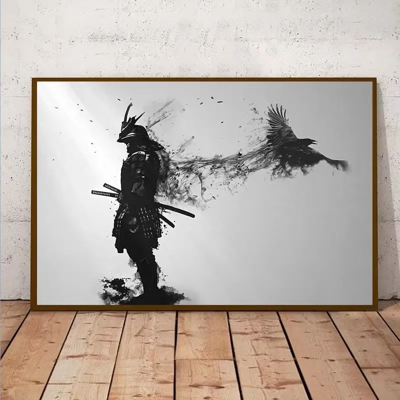 Pósteres y Láminas de Samurái Japonés Negro con Cuervo, Arte de Pared en Blanco y Negro, Pintura en Lienzo para Sala de Estar, Cuadros Decorativos