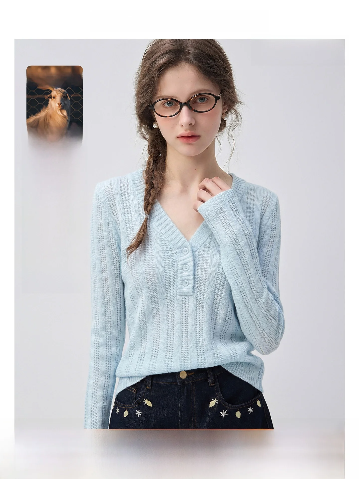 

Женский шерстяной свитер Iceberg Morning Fog VEGA CHANG с длинным рукавом, V-образным вырезом, в корейском стиле, весна 2026, новинка, прямой крой