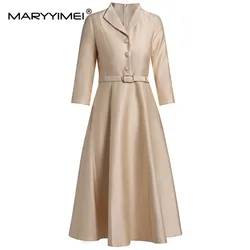 MARYYIMEI Fashion Women's New Elegant Turn-Down Collar High-Waist Lace-Up Vintage Shaggy Single-Breasted Office Lady MIDI Dress