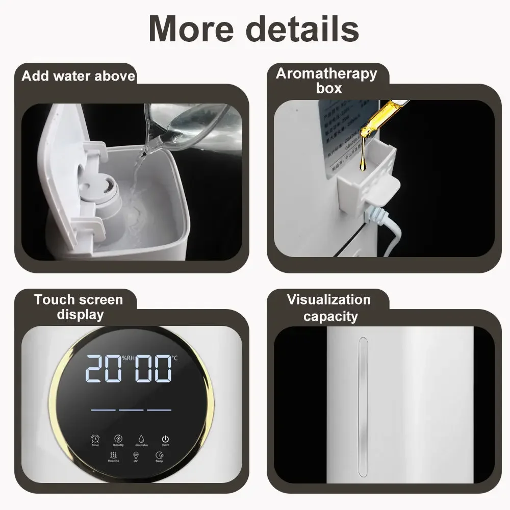Электрический увлажнитель воздуха 8л для спальни, очиститель воздуха, создатель тумана, интеллектуальный пульт дистанционного управления, сенсорный экран, ароматерапия, туман, УФ