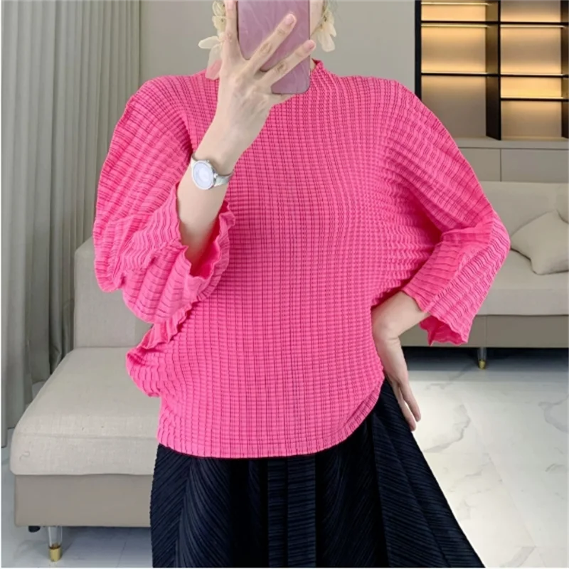 

Miyake Versatile Solid Color Folds T Shirt Women's Round Neck Long Sleeve Loose Casual Tops 2025 Summer New Tide