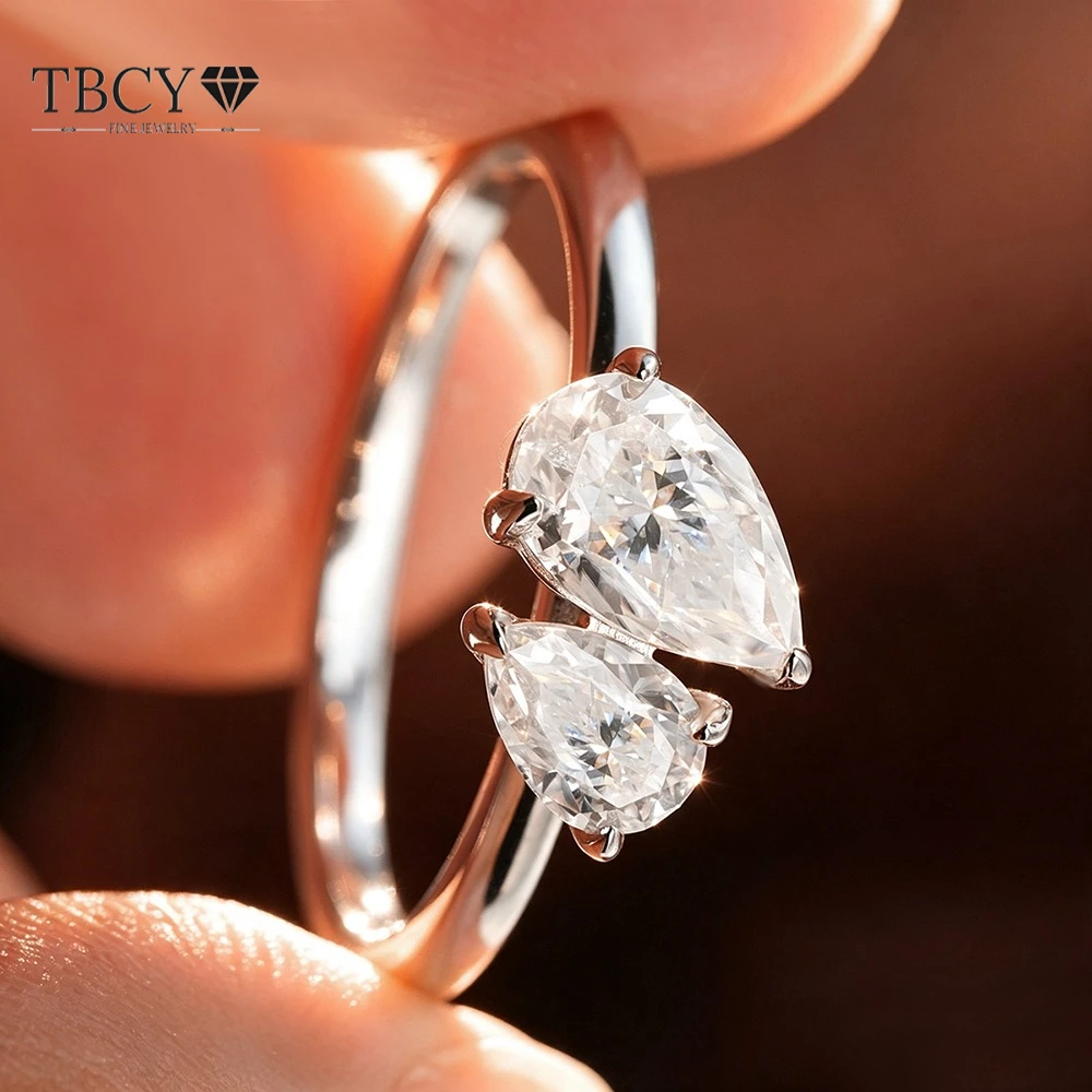 TBCYD Double Pear Moissanite Ring Sparkling Water Drop S925 Silver Wedding Rings for Women Engagement Band Fine Jewelry
