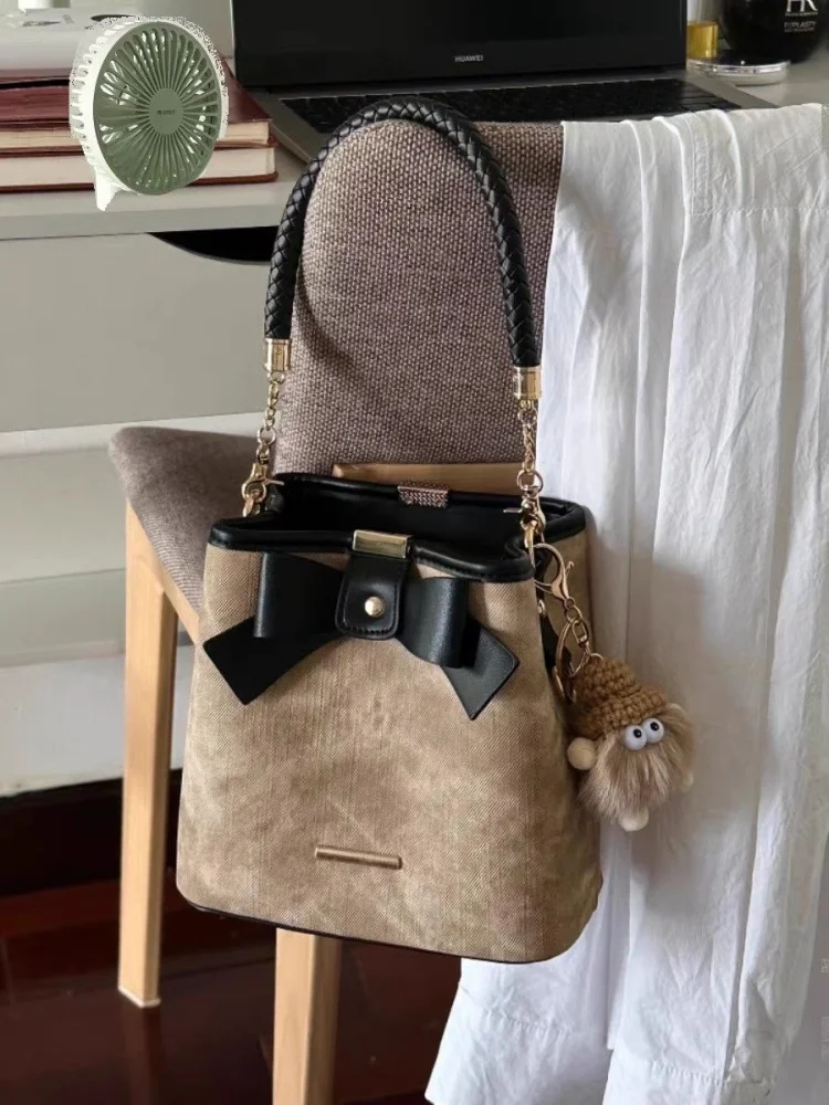 Korean  Vintage Bow Shoulder Bags Elegant Bucket Bag Office Lady Handbags Women Chic Fashion Underarm Bag