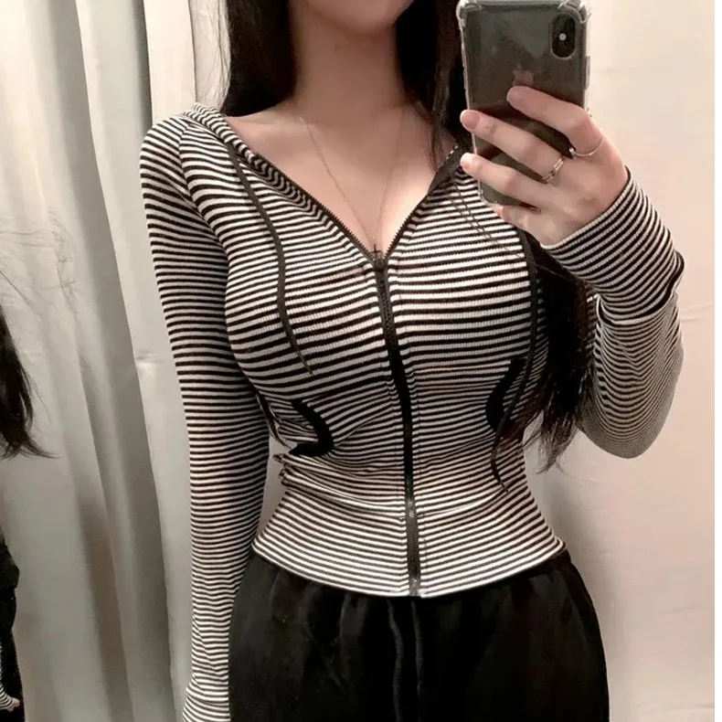 Veste à capuche Sexy pour femmes, coupe cintrée, rayée, Vintage, fermeture éclair, manches longues, haut décontracté, printemps automne, vêtements de trajet