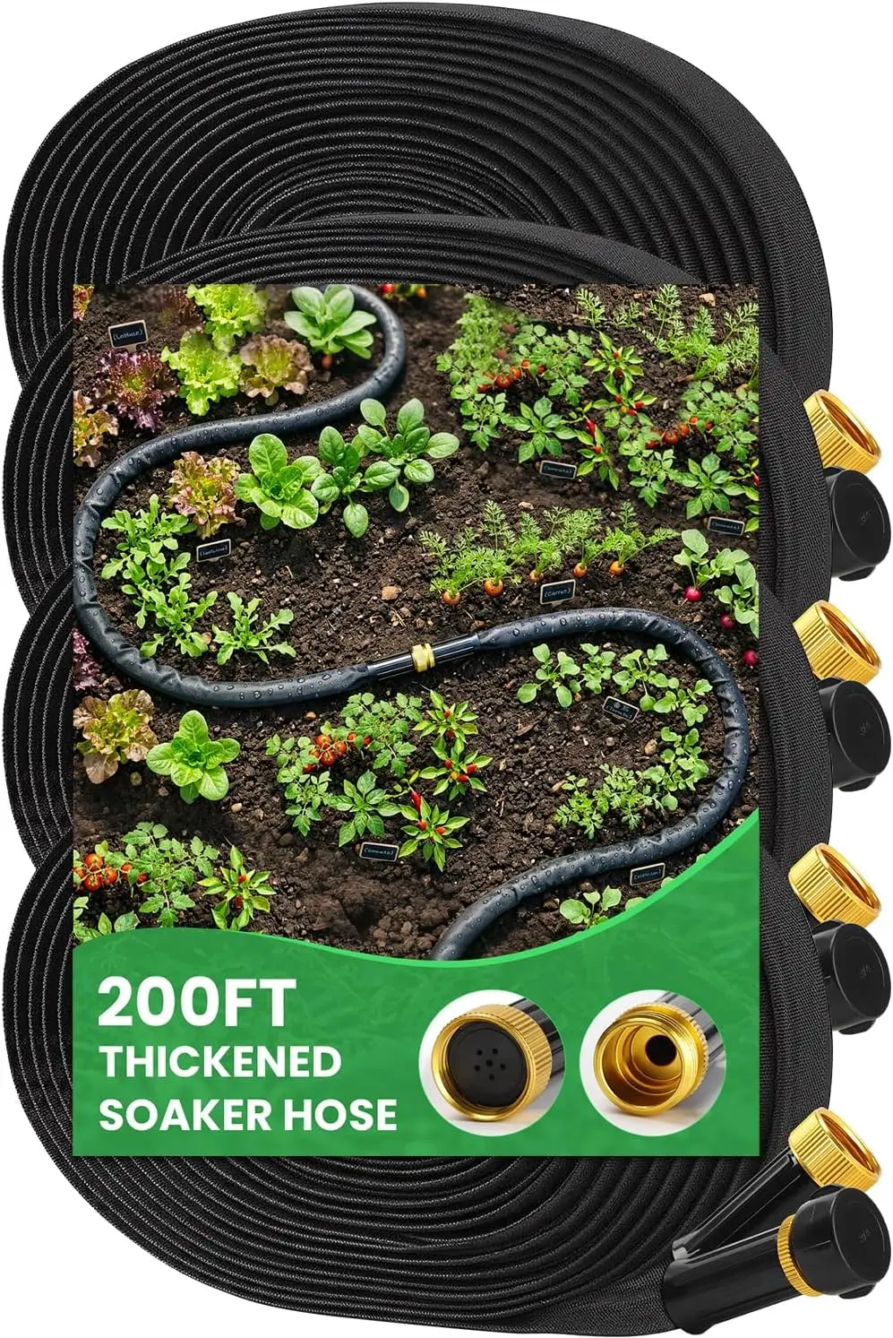 

Thickened Flat Soaker Hose 200Ft with Copper Joint, Saves 80% Water, Aluminum Seal, 1mm Hose, 360°Swivel Handle for Garden