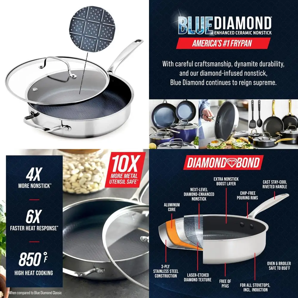 

Hybrid Nonstick StainlSteel 4QT Saute Pan with Glass Lid, PAS-ree Ceic Diamond Bond, Deep Jumbo Skillet, Induction , Dishwasher
