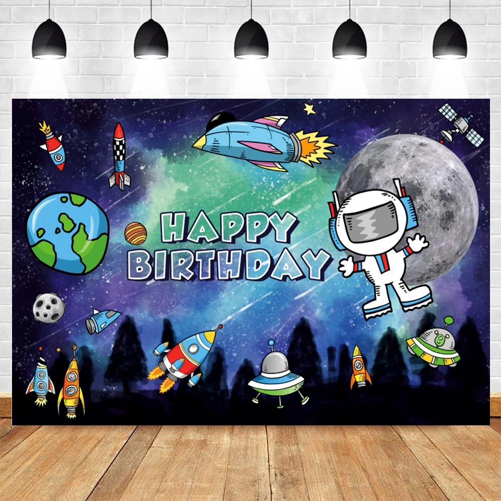 Cartoon Space Universe Planet Theme Happy Birthday Background Cloth Party Decoration Banner Boy\'s Gift Photography Background