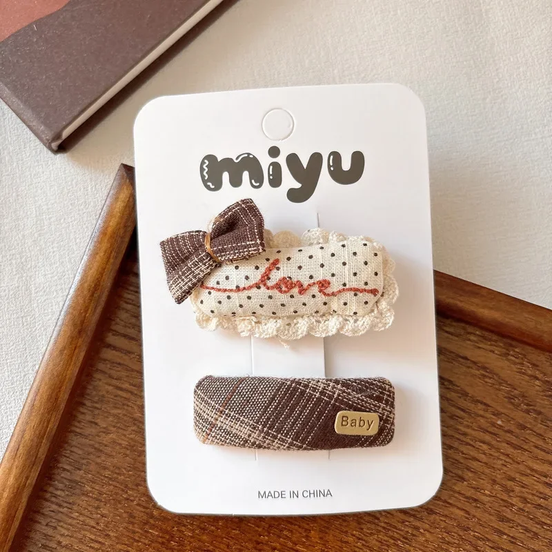 New Korean Style Sweet Kids Bow Hair Clip Fabric Lace Brown Color Mushroom Plaid Design Secure Grip for Girls Set of 2