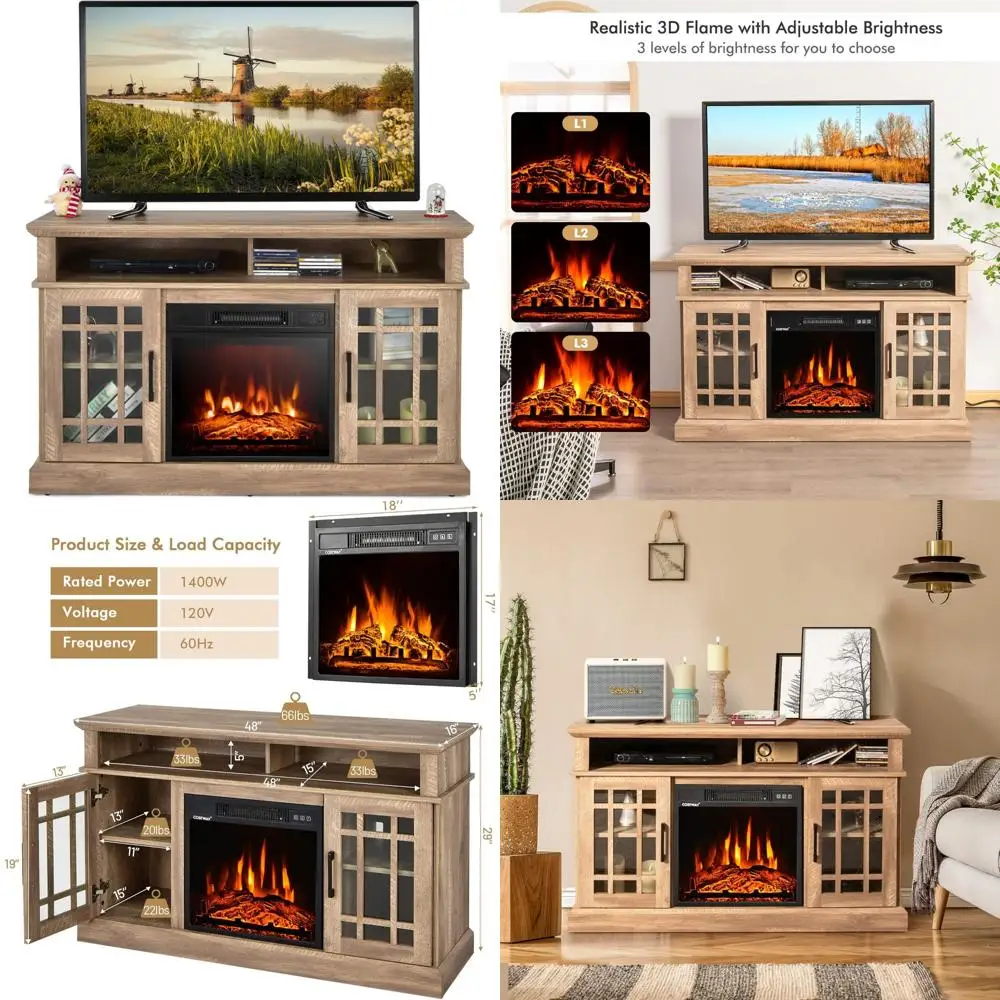 

55 TV Electric Fireplace Stand with 18 Insert, Remote, Overheat Protection, 48 Wide