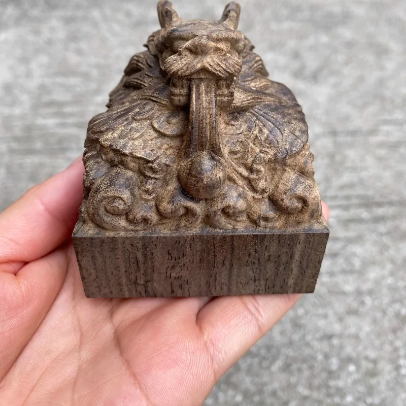 Dragon Playing Pearl Wood Carving Seal, Solid Wood Imperial Seal Home Office Desktop Craft, Auspicious Dragon Figurine
