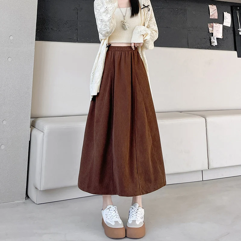 2025 Vintage Cord Lange Röcke Frau Elastische Taille Harajuku Große Schaukel Midi Rock Herbst Winter Koreanische Beliebte frauen Kleidung