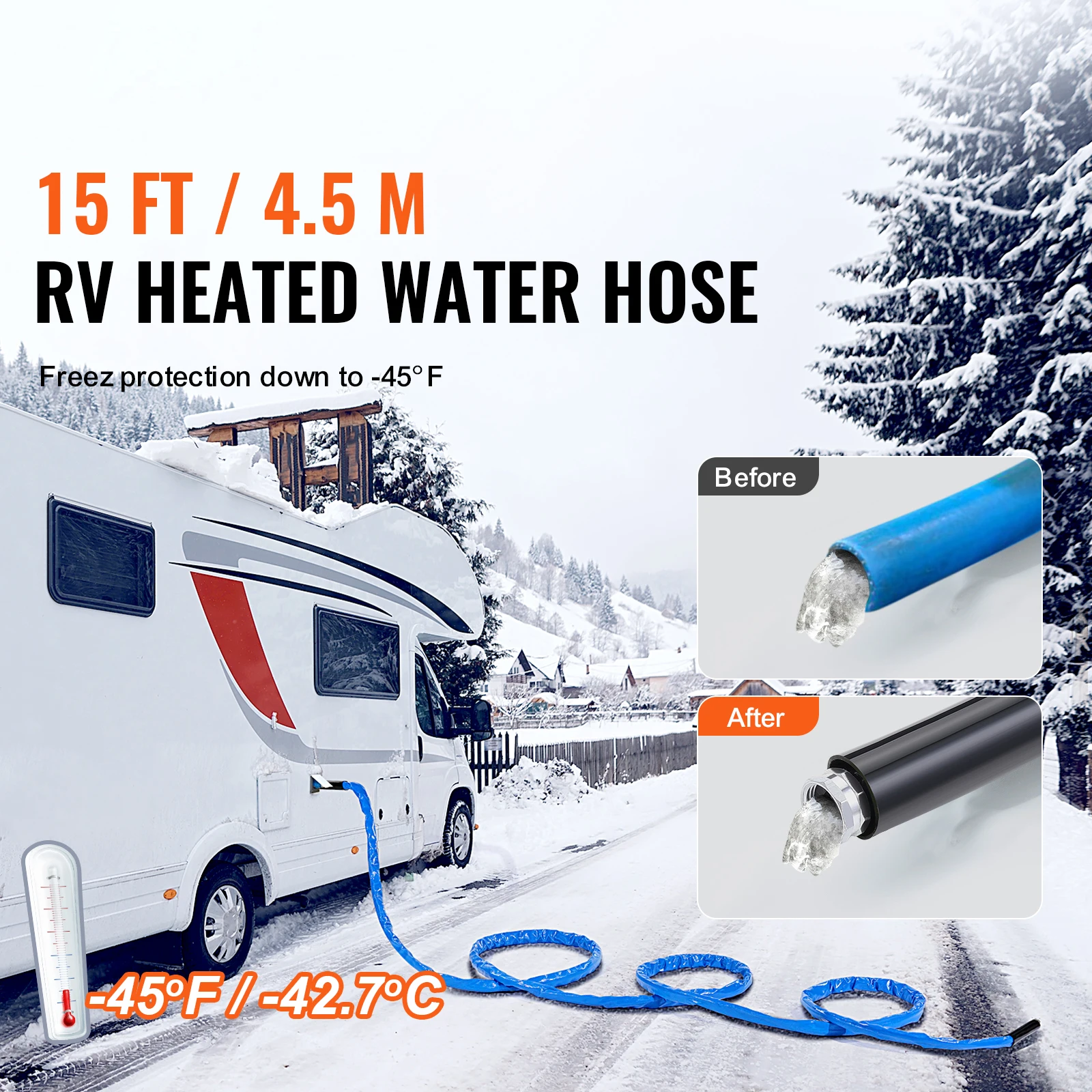 15ft Heated Water Hose for RV, Heated Drinking Water Hose with Corrugated Cover Antifreeze to -45 ° F, 5/8