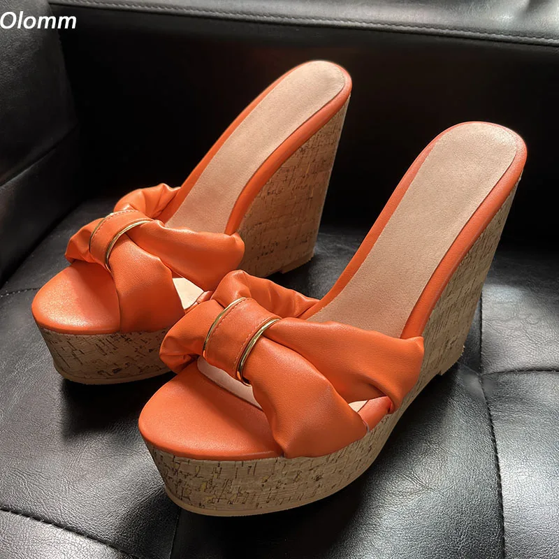 

Olomm Handmade Women Platform Mules Sandals Sexy Wedges Heels Round Toe Beautiful Orange Cosplay Shoes Ladies US Plus Size 5-20