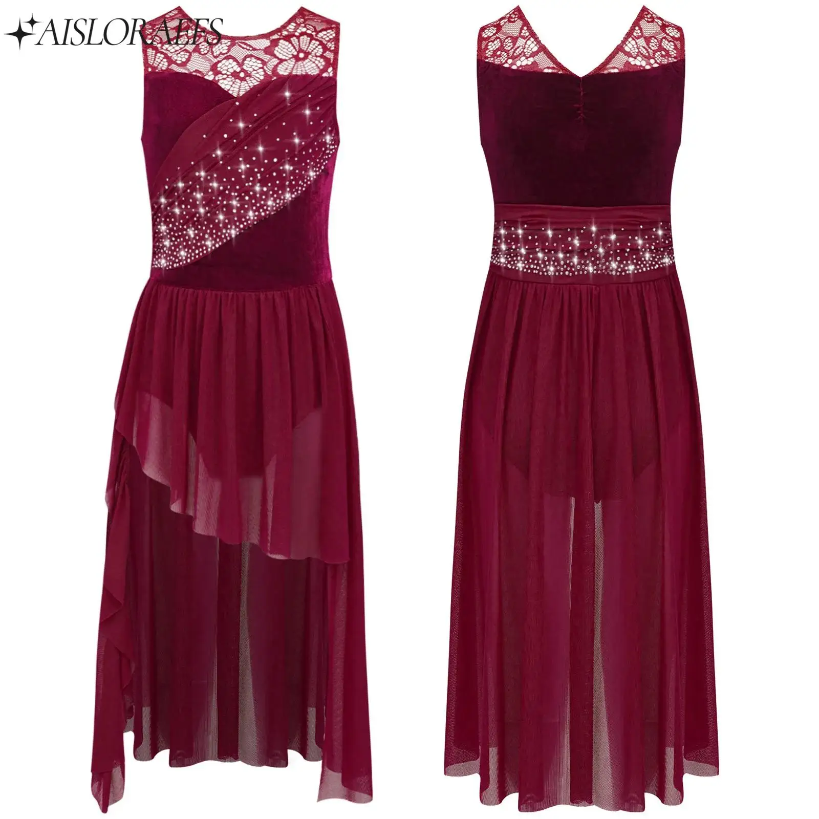 

Glittery Rhinestones Lyrical Modern Dance Costume for Girls Ruched Mesh Overlay Dress Stage Dance Class Party Clothes Dancewear